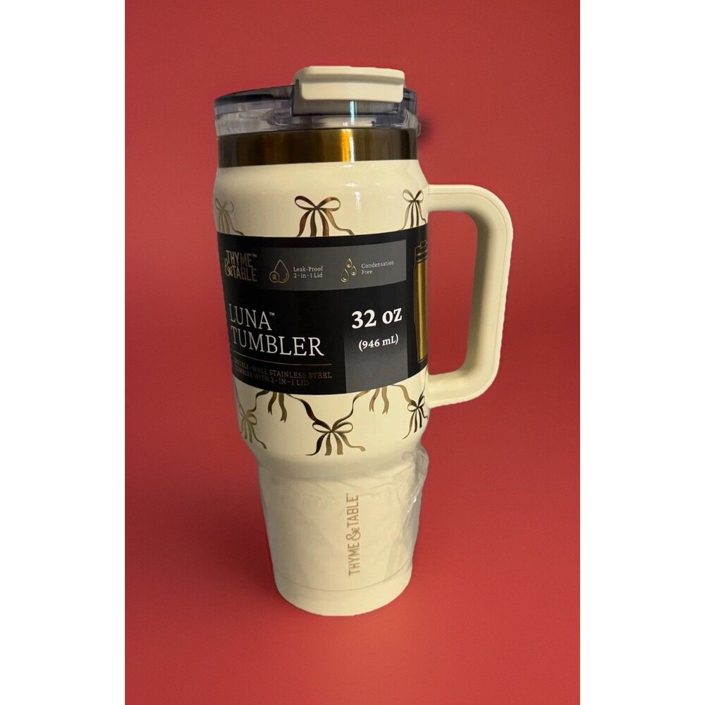 Thyme & Table 32 oz Luna Tumbler Cream & Gold Bows w/ Handle & Dual Straw Lid